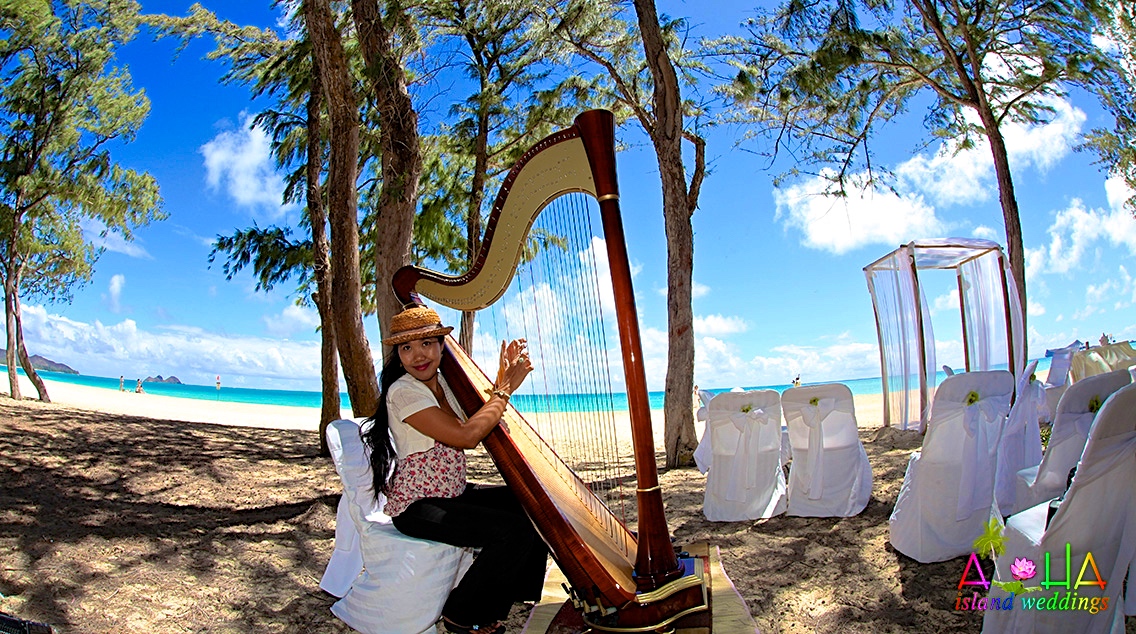 Dewi playing a concert harp under the trees on the beach